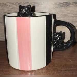 Cute 🥰 Pink , White And Black Mug With Cat 🐈‍⬛  On The Handle by Petal & Pearl